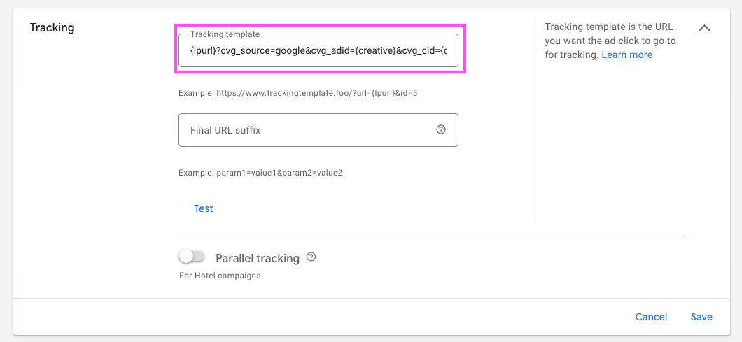 Google Ads Example with Tracking Template Filled In