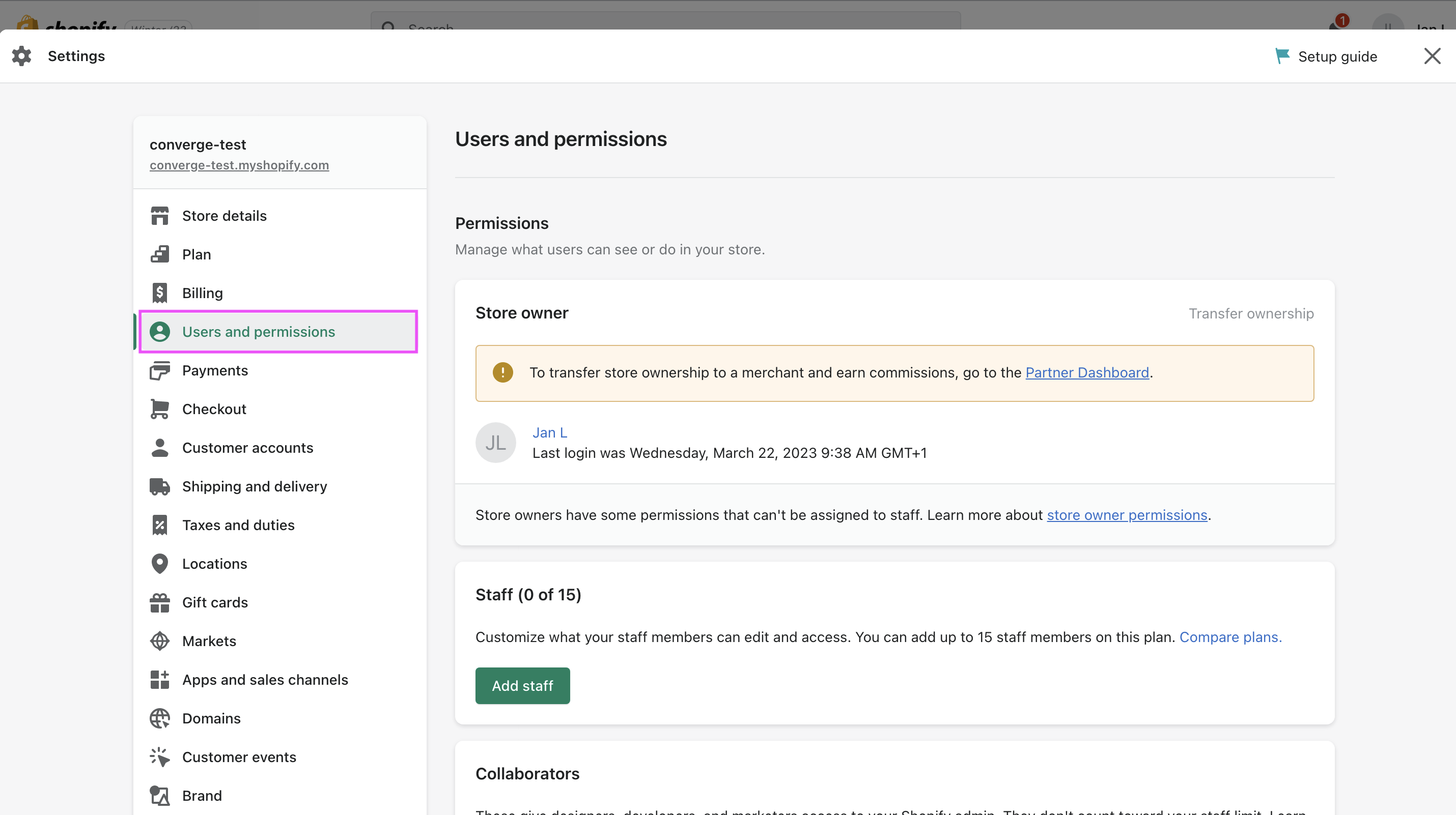 shopify store users and permissions tab